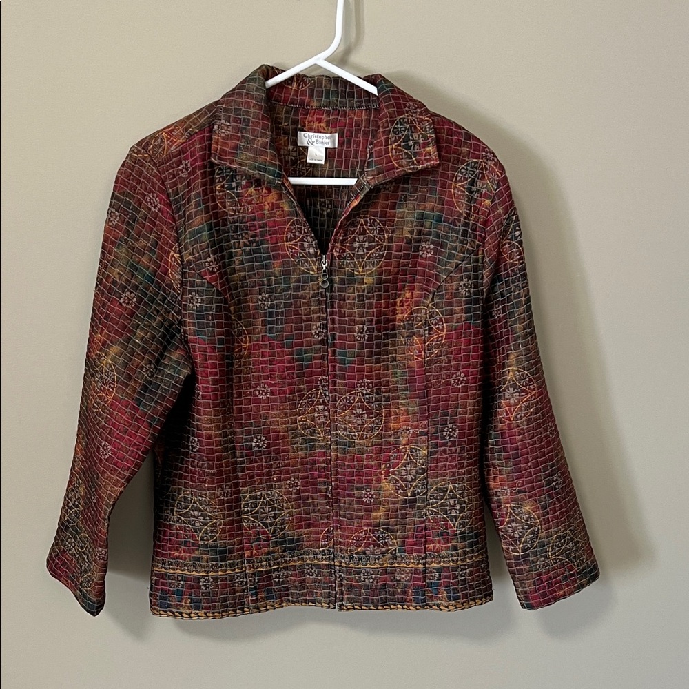 Artisan Patchwork Print Quilted Blazer Earthy Bohemian Zip Jacket Size Large